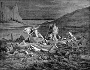 The boatman ferries Dante and Virgil across the Styx, Gustave Dore.